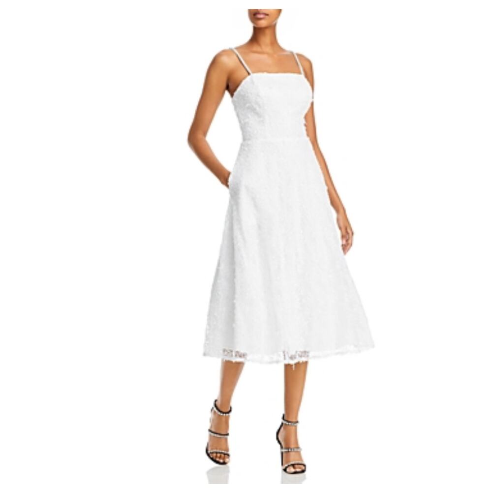 AQUA Sequined Lace Beaded Strap A-Line Midi Cocktail Dress White Size 10